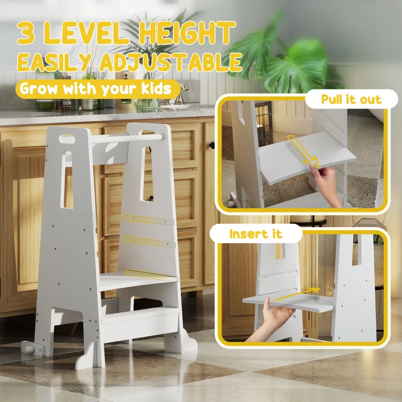 Qaba Height Adjustable Toddler Tower w/ Safety Rail, Handlbar, for Bathroom, Kitchen, White