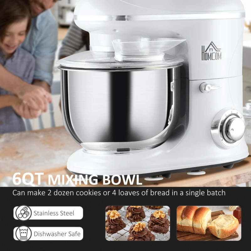HOMCOM Stand Mixer with 6+1P Speed, 600W Tilt Head Kitchen Electric Mixer with 6 Qt Stainless Steel Mixing Bowl, Beater, Dough Hook and Splash Guard for Baking Bread, Cakes, and Cookies, White