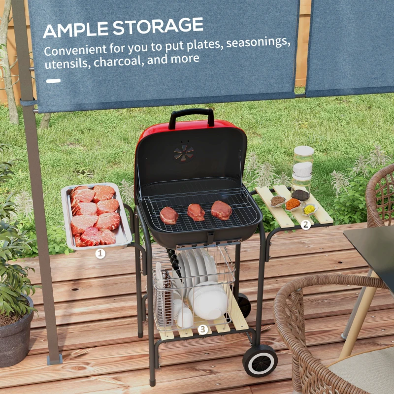 Outsunny Portable BBQ Grill Charcoal Grill with Wheels Bottom Shelf, 2 Tables and Adjustable Vents for Backyard Cooking, Red