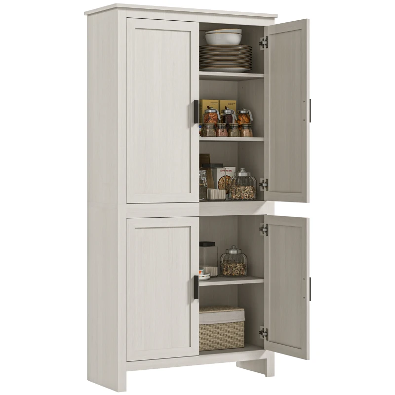 HOMCOM 64" Kitchen Pantry Cabinet, Freestanding Storage Cabinet with 4 Doors, 3 Adjustable Shelves, Antique White