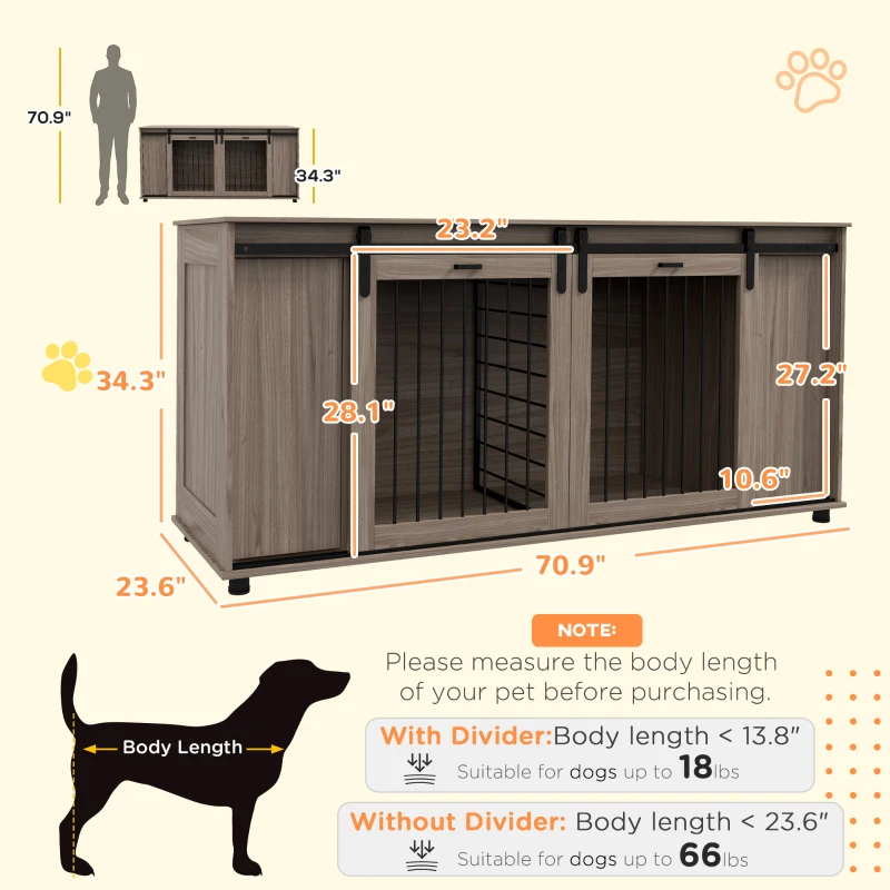 PawHut 71" Modern Dog Kennel Furniture with Removable Divider, Storage for 2 Small Dogs or 1 Large Dog, Walnut