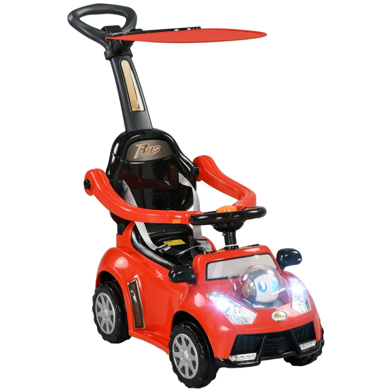 Qaba 3 in 1 Push Car Sliding Car with Removable Handle, Music, Horn, Canopy, Safety Guardrail, Red