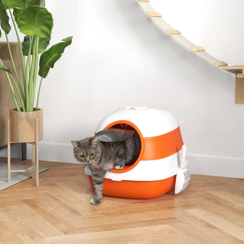 PawHut Dome Covered Cat Litter Box with Lid, White and Orange