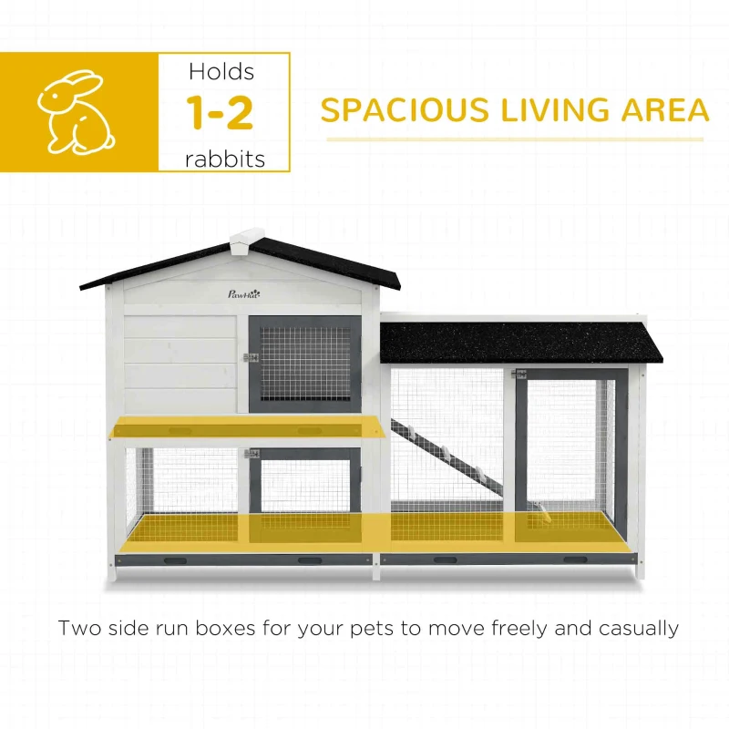 PawHut 62" Rabbit Hutch, Wooden Bunny Hutch, Guinea Pig Cage, Small Animal Enclosure with Run Area, Removable Tray, Asphalt Roof, Lockable Doors and Ramp, for Rabbits, Chickens, Ducks, White