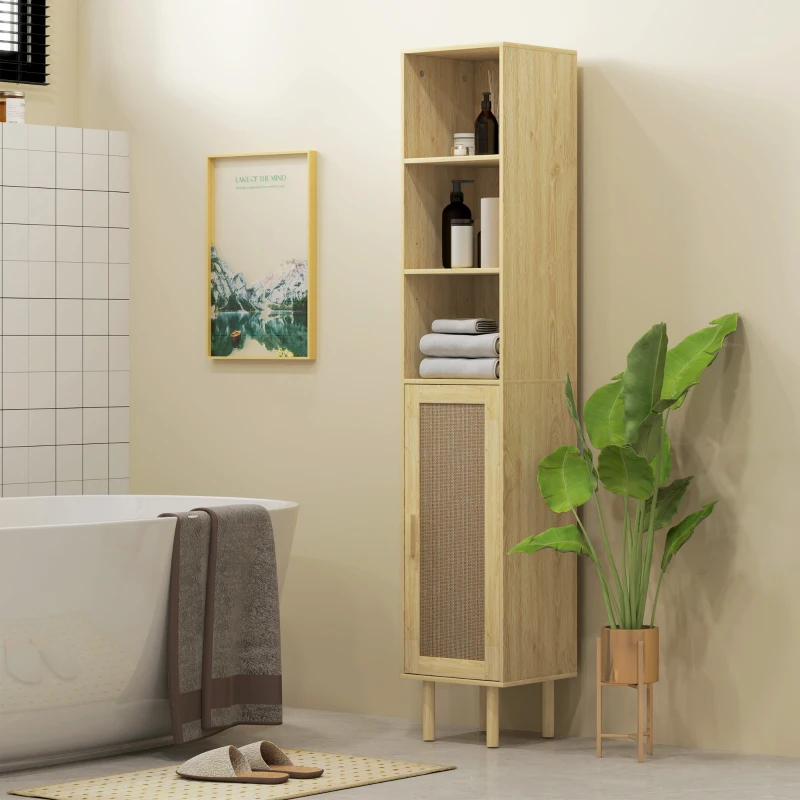 HOMCOM Tall Bathroom Cabinet with Rattan Doors, Freestanding Bathroom Storage Cabinet with Adjustable Shelves, Distressed Oak