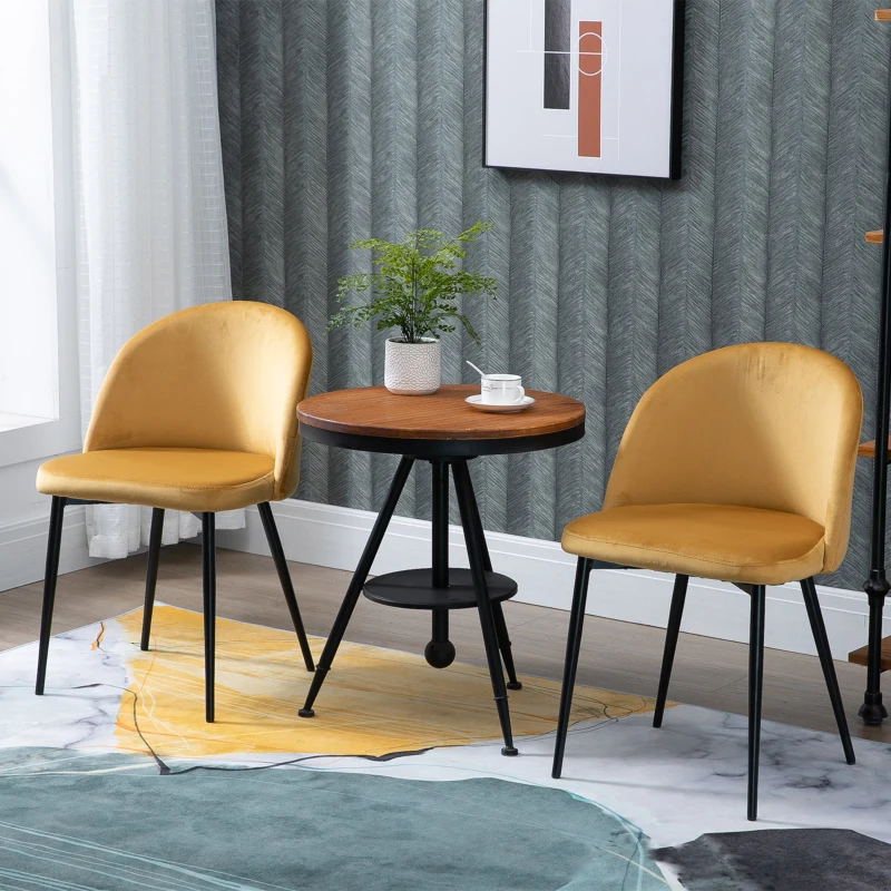 HOMCOM Set of 2 Mid-Back Dining Chair, Mid-Back Velvet-touch Upholstery Kitchen Chair for Living Room Dining Room, Yellow