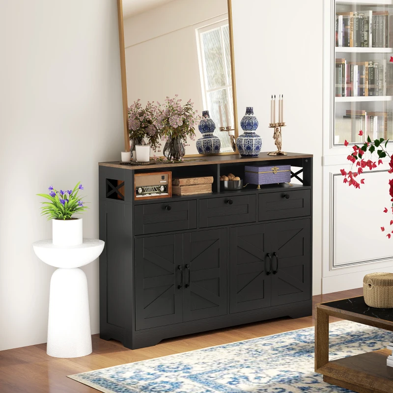 HOMCOM Sideboard, Buffet Cabinet with 4 Barn Doors and 3 Drawers, Coffee Bar Cabinet with Adjustable Shelves, Black
