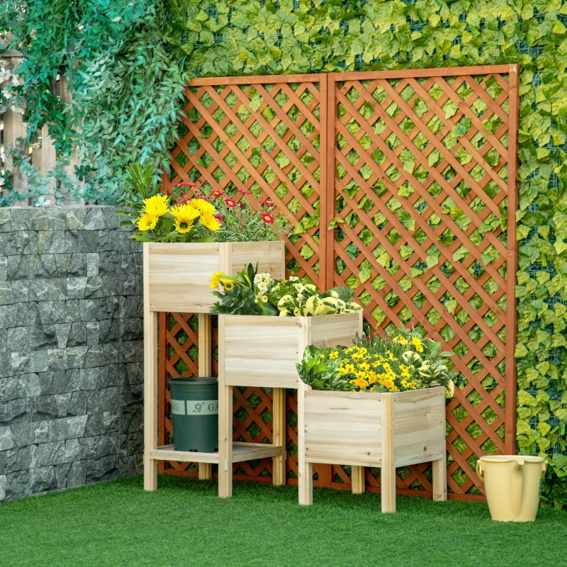 Outsunny 3-Tier Raised Garden Bed with Storage Shelf, Wooded Elevated Planter Boxes, Plant Stand, for Vegetables, Herb and Flowers