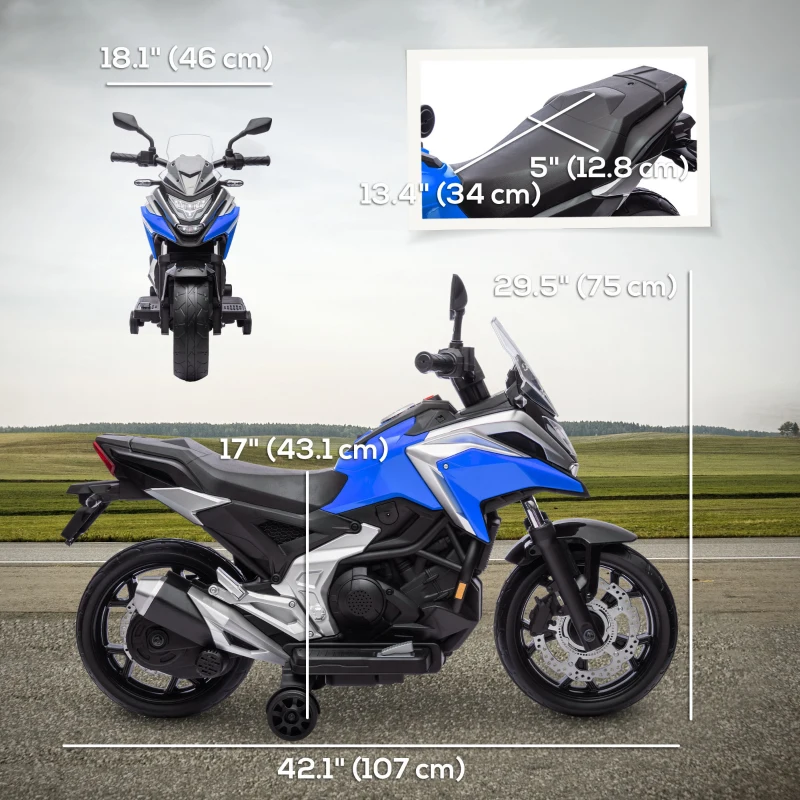 Qaba Honda Licensed 12V Ride on Motorbike for Kids with Headlights Music Training Wheels, for 3-6 Years, Blue