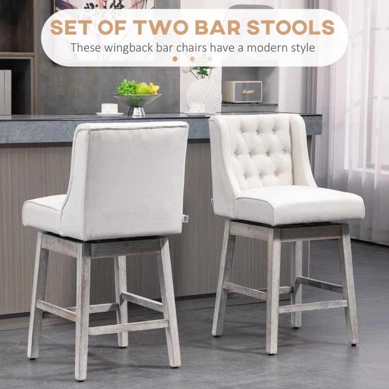 HOMCOM Swivel Bar Stools Set of 2, 27" Counter Height Stools with Linen Upholstery and Button Tufted Design for Kitchen