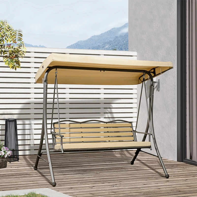 Outsunny 3-Seat Patio Swing Chair, Outdoor Canopy Swing Glider with Cushion, Adjustable Shade, and Slatted Design, for Porch