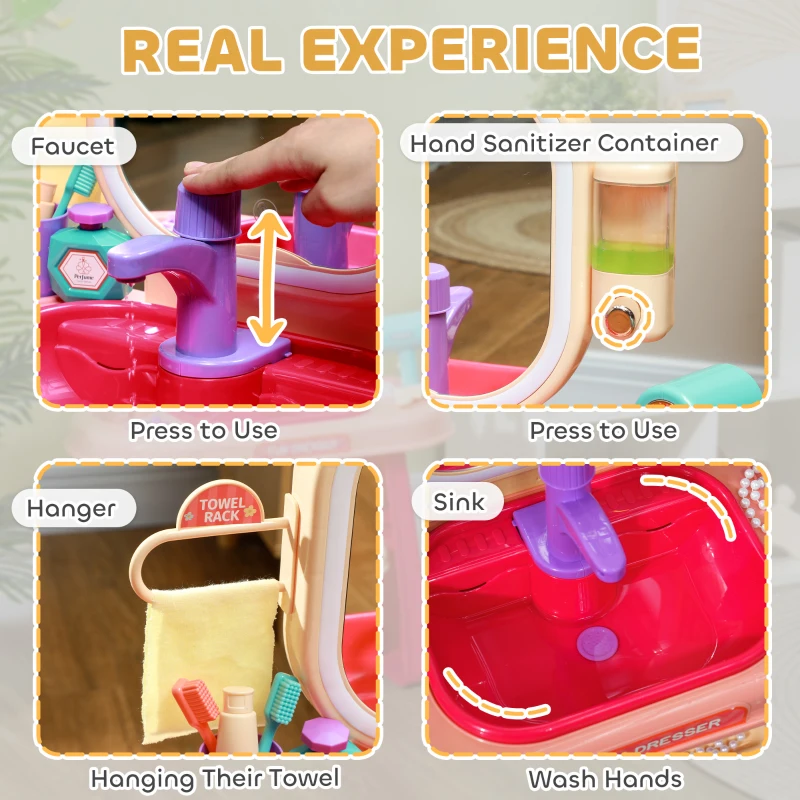 Qaba Kids Vanity Set with Mirror, LED Light, Music, 23 Accessories, Pretend Play Set for Girls 3-6 Years, Pink