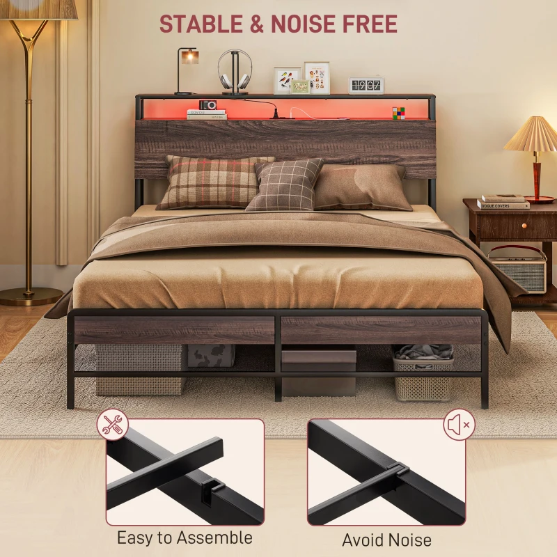 HOMCOM Queen Size Bed Frame with LED Lights and Charging Station, Queen Bed Frame with Storage Headboard, Noise-Free, Walnut