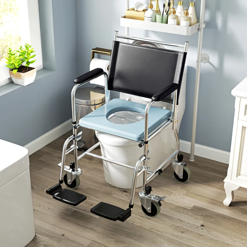 HOMCOM Rolling Shower Chair, Bedside Commode Wheelchair with Padded Seat, Backrest, for Seniors, Disabled, 300 lbs, Black