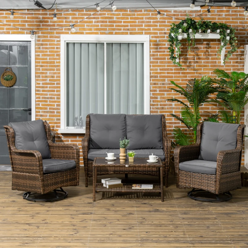Outsunny 4 Piece PE Rattan Outdoor Patio Furniture Set, Wicker Conversation Set with 2 Swivel Glider Chairs, 2-Tier Glass Table and Loveseat for Garden, Patio, Poolside, Gray
