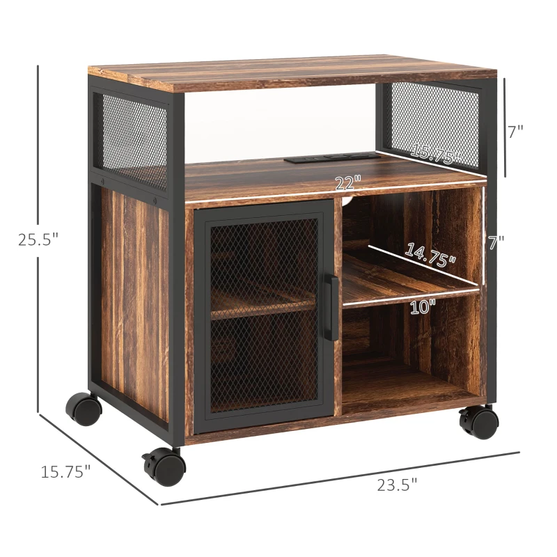 Vinsetto Printer Stand with Socket and USB Charging Ports, Industrial Mobile Printer Table with Storage and Wheels, Rustic Brown