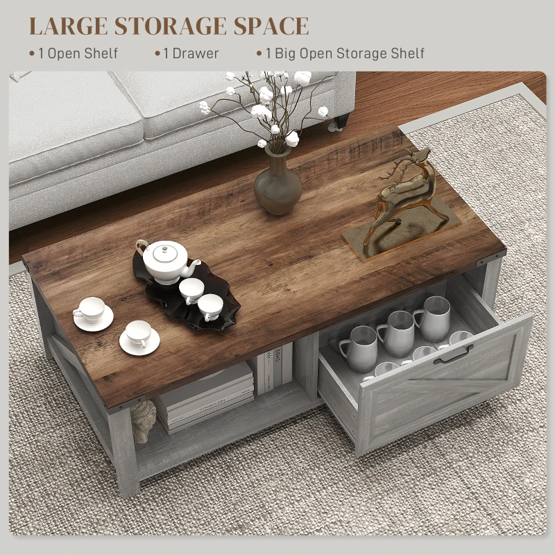 HOMCOM Coffee Table with Storage, Farmhouse Living Room Table with Storage Drawer and Open Shelf, Distressed Gray