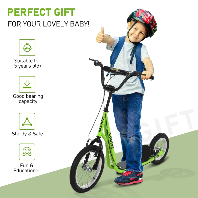 Aosom Teens Youth Scooter Ride On Toy with Adjustable Handlebar, Dual Brakes, and Inflatable Wheels For Kids 5+ - Green