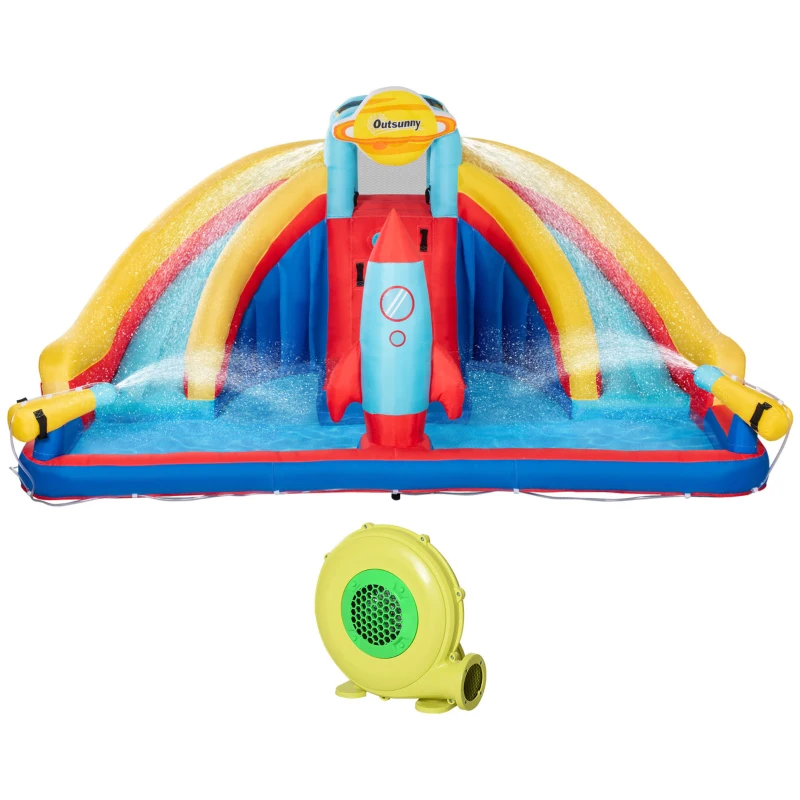 Outsunny 5-in-1 Inflatable Water Slide, Rocket Themed Kids Castle Bounce House with Slide, Pool, Water Cannon, Basket, Climbing Wall Includes Carry Bag, Repair Patches, 750W Air Blower