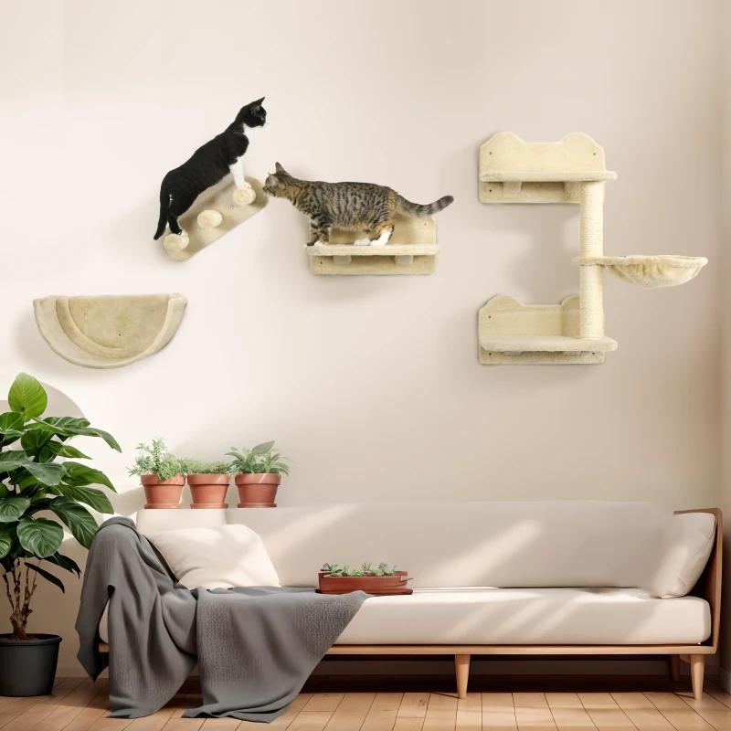 PawHut Cat Wall Shelves, with Hammock, Scratching Post, Steps, Platforms, Beige