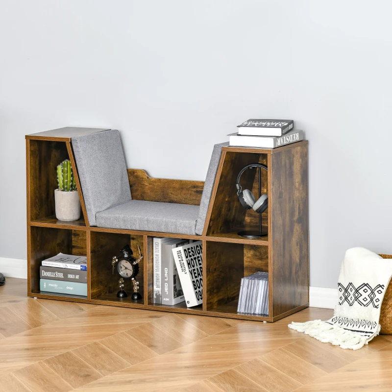 HOMCOM 6-Cubby Bookcase with Seat Cushion, Cube Storage Shelf with Reading Nook for Home Office, Study, Rustic Brown