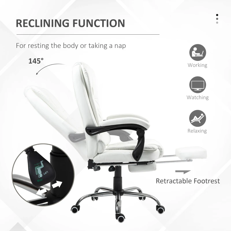 HOMCOM High Back Office Chair PU Leather Executive Office Chair with Retractable Footrest Padded Armrest White