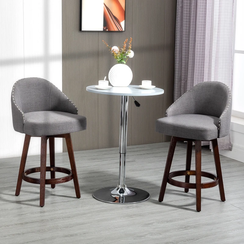 HOMCOM 26" Counter Height Bar Stools, Linen Fabric Kitchen Stools with Nailhead Trim, Rubber Wood Legs and Footrest for Dining Room, Counter, Pub, Set of 2, Dark Gray