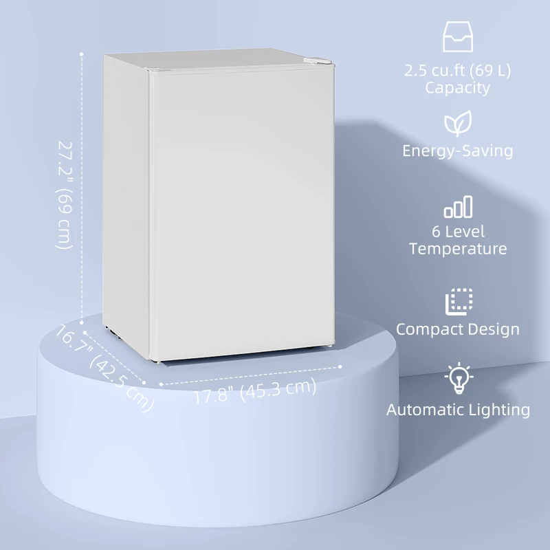 HOMCOM 2.5 Cu.Ft Mini Fridge, Single Door Compact Refrigerator with Freezer, Adjustable Thermostat, Reversible Door, White