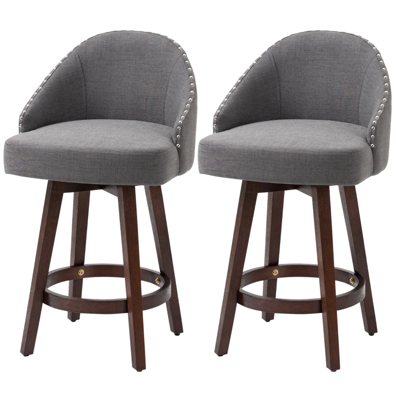 HOMCOM 26" Counter Height Bar Stools, Linen Fabric Kitchen Stools with Nailhead Trim, Rubber Wood Legs and Footrest for Dining Room, Counter, Pub, Set of 2, Dark Gray