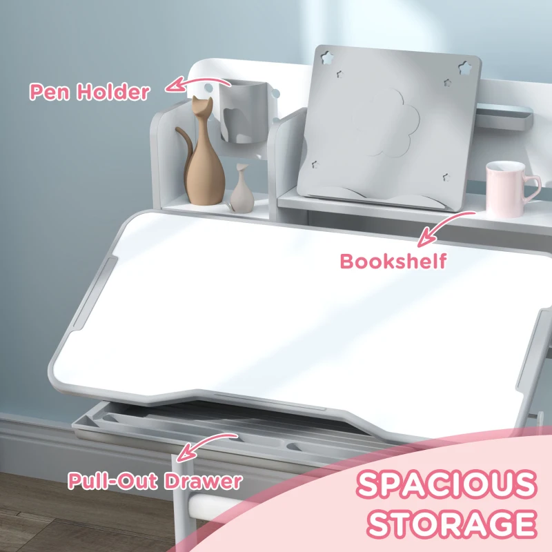 Qaba Height Adjustable Kids Desk and Chair Set for Writing Drawing w/ Tilt Desktop, Storage Drawer and Reading Rack, Gray