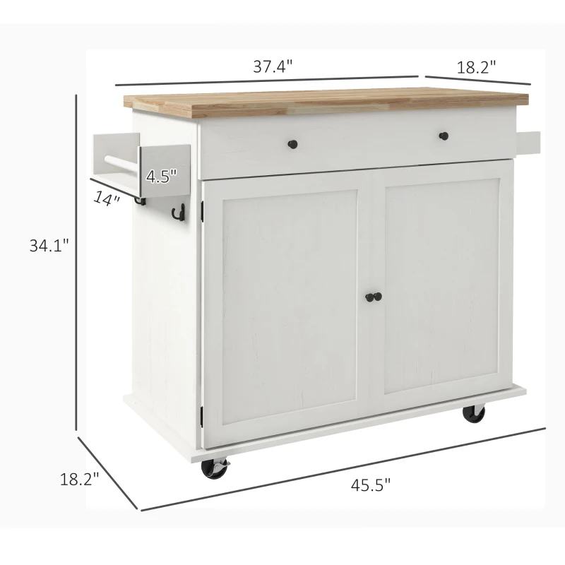HOMCOM Farmhouse Rolling Island with Wheels for Kitchen, Wood Breakfast Bar Kitchen Island on Rollers, Drawer and Doors, White