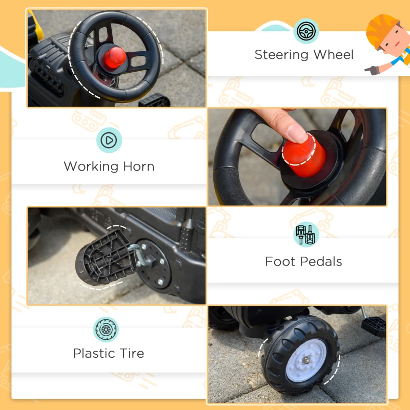 Aosom Digger Ride-on Truck Kids Car with Horn, Excavator Ride-on Toy, Imaginative Toy Construction Car, 6 Wheels & Detachable Trailer, Yellow