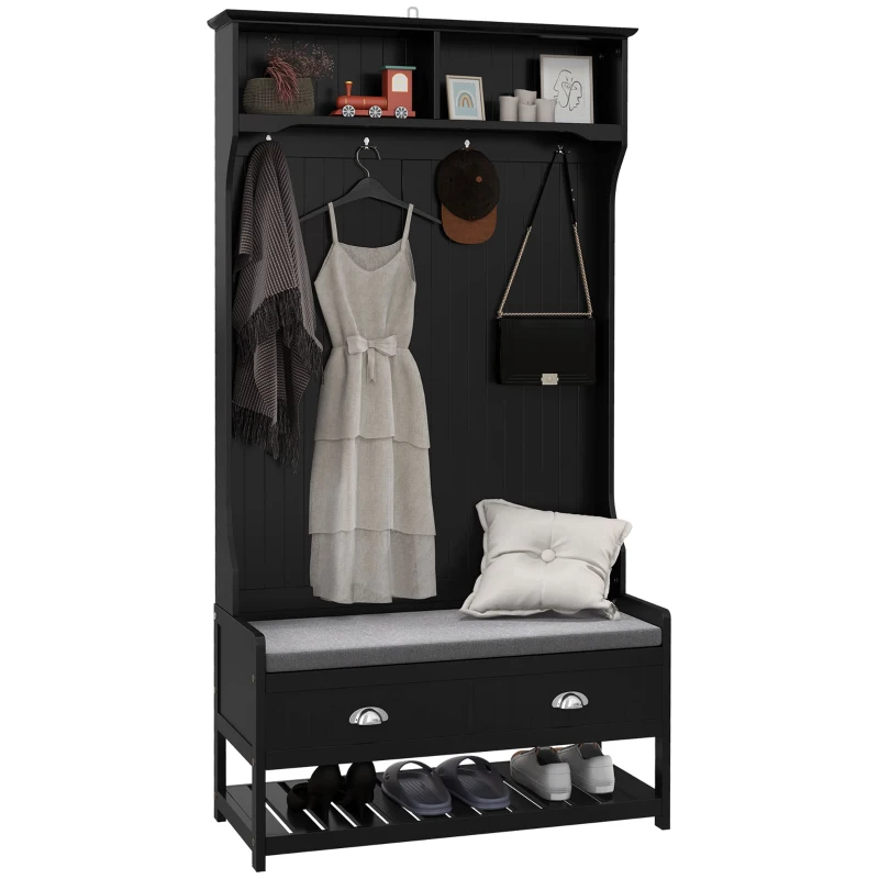 HOMCOM Coat Rack Shoe Bench, Hall Tree with Bench and Shoe Storage, Entryway Bench with 4 Hooks, 2 Drawers, 2 Shelves, Black