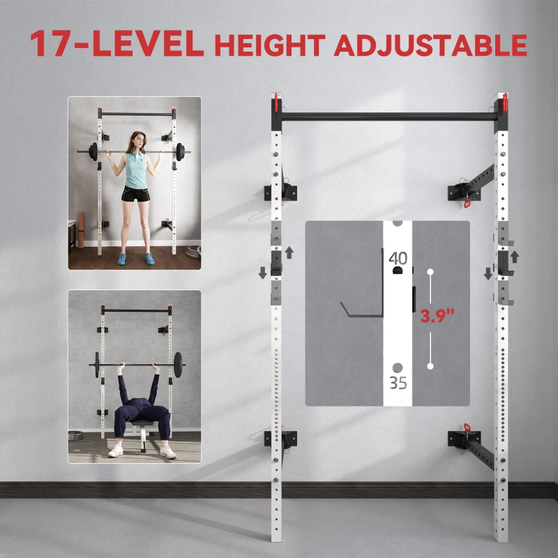 Soozier Folding Squat Rack with Pull Up Bar, Wall Mounted and Adjustable, 1000 Pounds Capacity Power Rack, White
