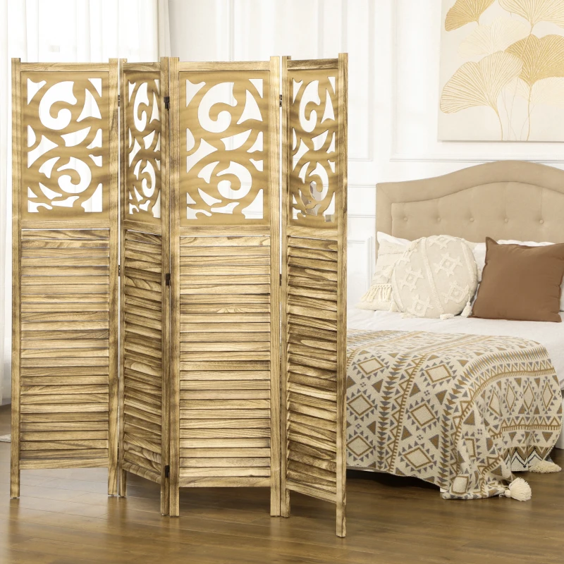 HOMCOM Wooden Room Divider, 4 Panel Double Hinged Folding Privacy Screen for Home Office, 63"x67"x0.75", Brown