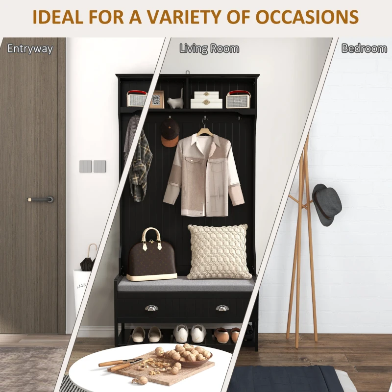 HOMCOM Coat Rack Shoe Bench, Hall Tree with Bench and Shoe Storage, Entryway Bench with 4 Hooks, 2 Drawers, 2 Shelves, Black