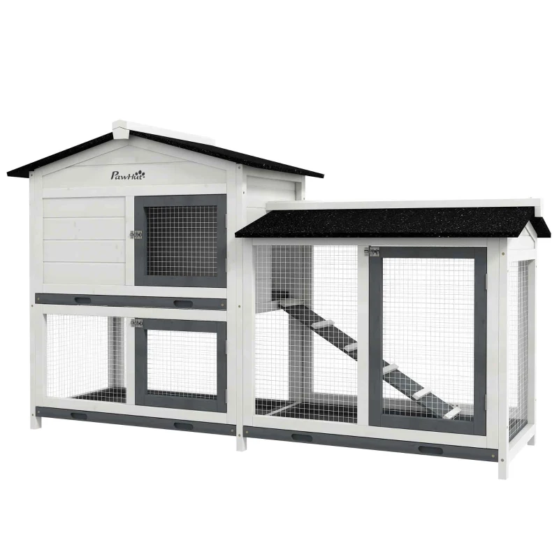 PawHut 62" Rabbit Hutch, Wooden Bunny Hutch, Guinea Pig Cage, Small Animal Enclosure with Run Area, Removable Tray, Asphalt Roof, Lockable Doors and Ramp, for Rabbits, Chickens, Ducks, White