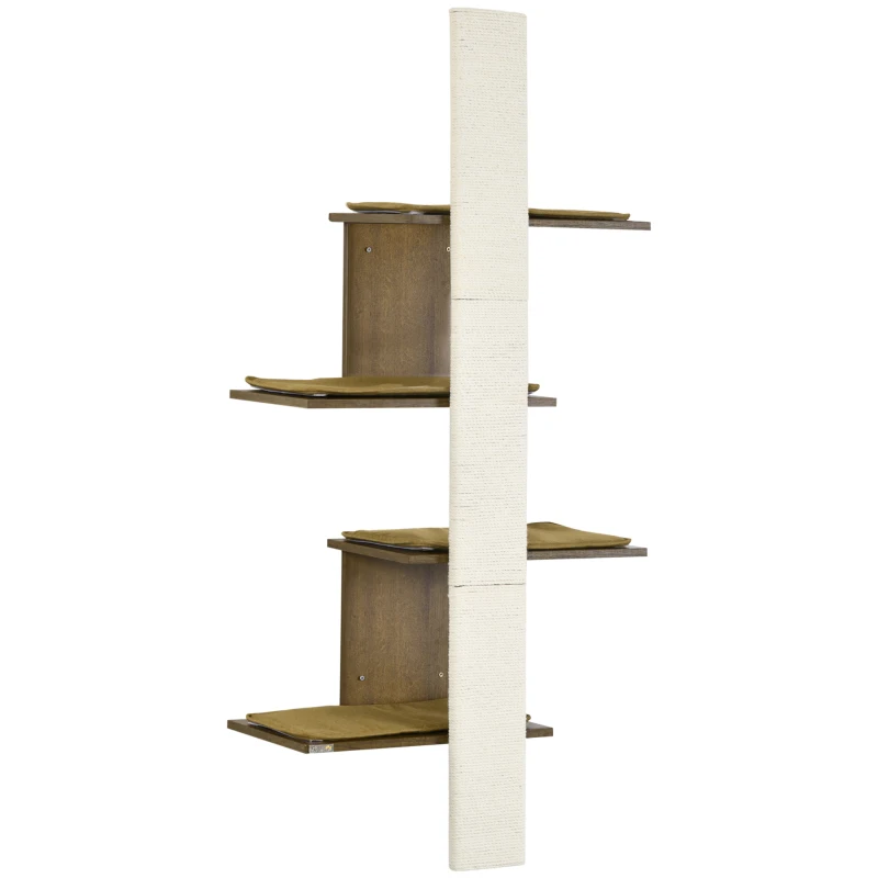 PawHut Wall-Mounted Cat Tree, 4-Layer Cat Wall Shelves Furniture with Scratching Board, Kitten Activity Center with Cushions, Natural