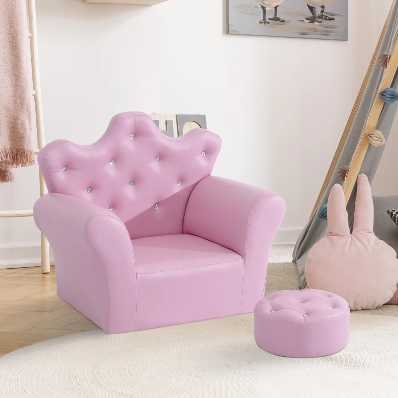 Qaba Kids Sofa Set with Footstool, Princess Sofa with Diamond Decoration