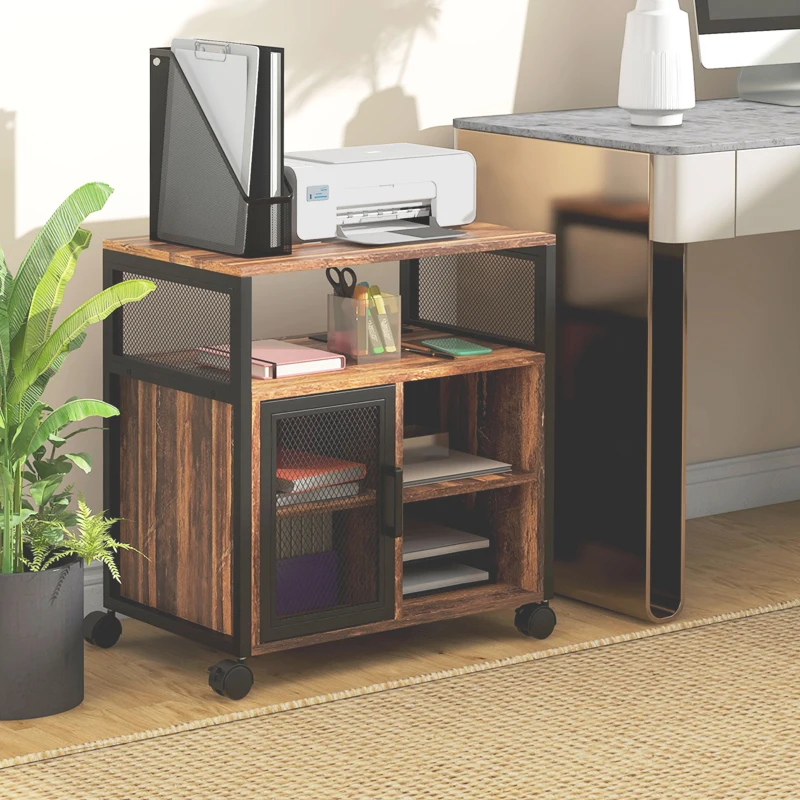 Vinsetto Printer Stand with Socket and USB Charging Ports, Industrial Mobile Printer Table with Storage and Wheels, Rustic Brown