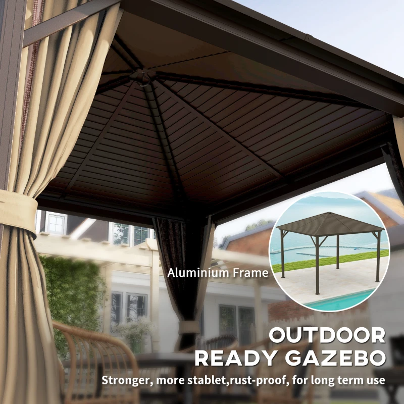 Outsunny 10' x 10' Hardtop Gazebo Outdoor Aluminum Gazebo Canopy with Mosquito Netting, Curtains, Hanging Hook, Brown