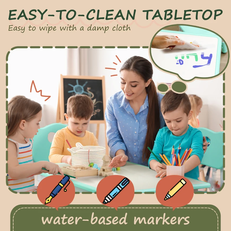 Qaba 5 Pieces Kids Table and Chairs, Height Adjustable Toddler Table and Chair Set with Storage, Easy to Wipe, Rectangular Table 4 Chairs for Classroom, for Daycare Classroom, 18 Months-5 Years, Green