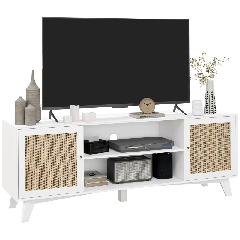 HOMCOM TV Stand Cabinet for 65-Inch, TV Table with 2 Rattan Doors, Television Stand with Adjustable Shelves and Cable Holes