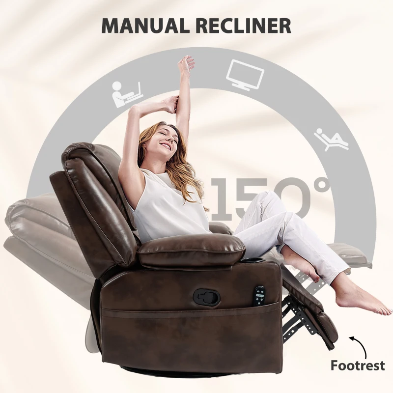HOMCOM Recliner Massage Armchair with Heat Oversized Swivel Rocker with Footrest Remote and Side Pockets Brown