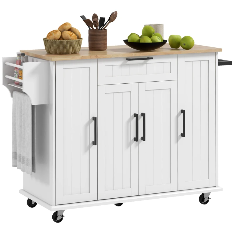 HOMCOM Modern Rolling Kitchen Island Cart with Drawers, Natural Wood Top, Towel Rack, Door Storage Cabinet, White