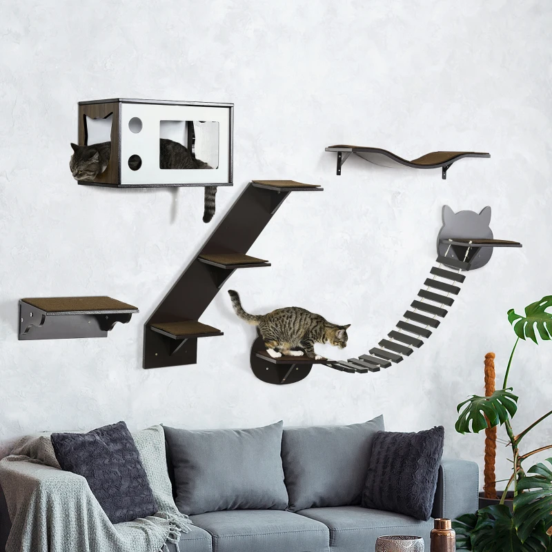 PawHut 5PCs Cat Wall Shelves Pet Wall-mounted Climbing Shelf Set with Cushion Condo Jumping Platform Ladder Brown
