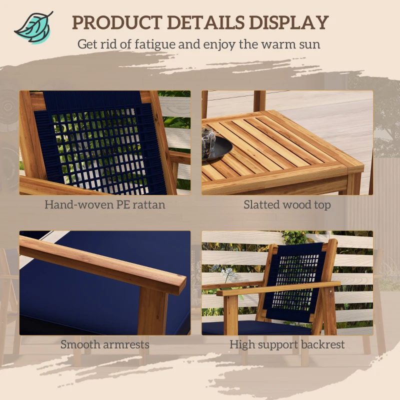 Outsunny 4 Piece Patio Sofa Set, Acacia Wood Outdoor Furniture with Cushions, Slatted Wood Top Coffee Table, Blue