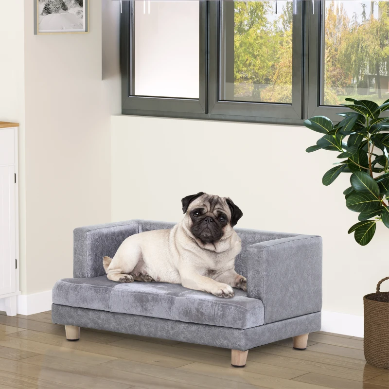 PawHut Luxury Fancy Dog Bed for Small Dogs with Thick Foam, Small Dog Couch with Soft Fuzzy & Faux Leather Combo, Dog Sofa Bed, Rectangle Modern Furniture for Puppies and Little Breeds, Gray