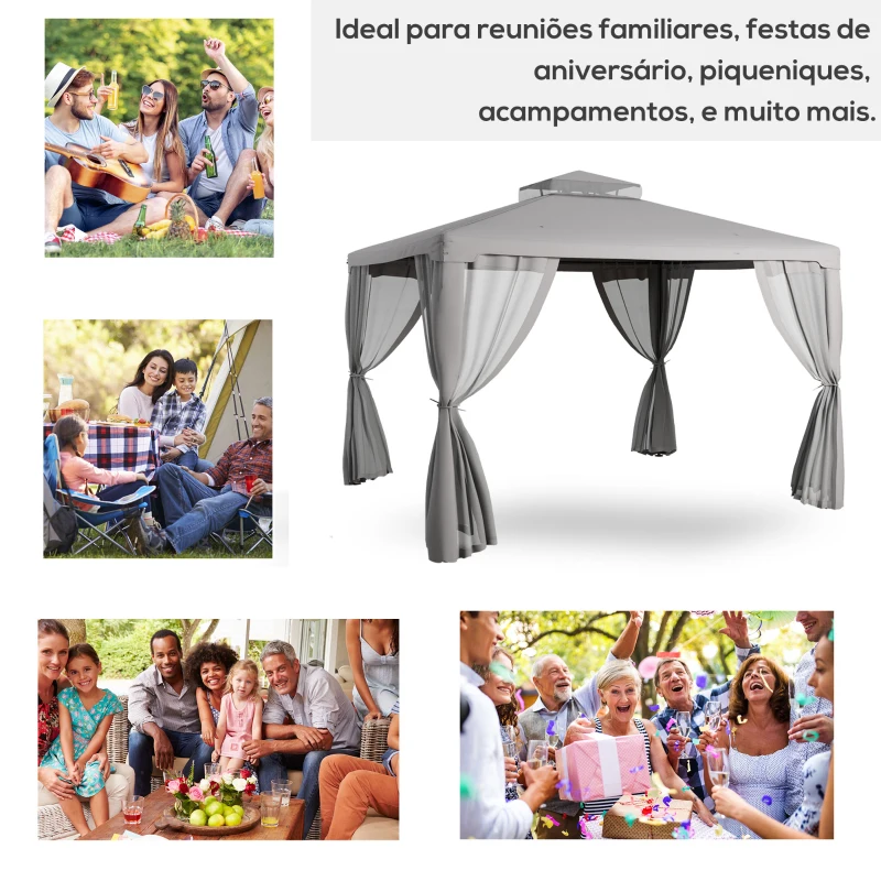Outsunny 12' x 10' Patio Gazebo Outdoor Pavilion 2 Tire Roof Canopy Shelter Garden, Steel Frame w/ Mosquito Netting, Light Grey
