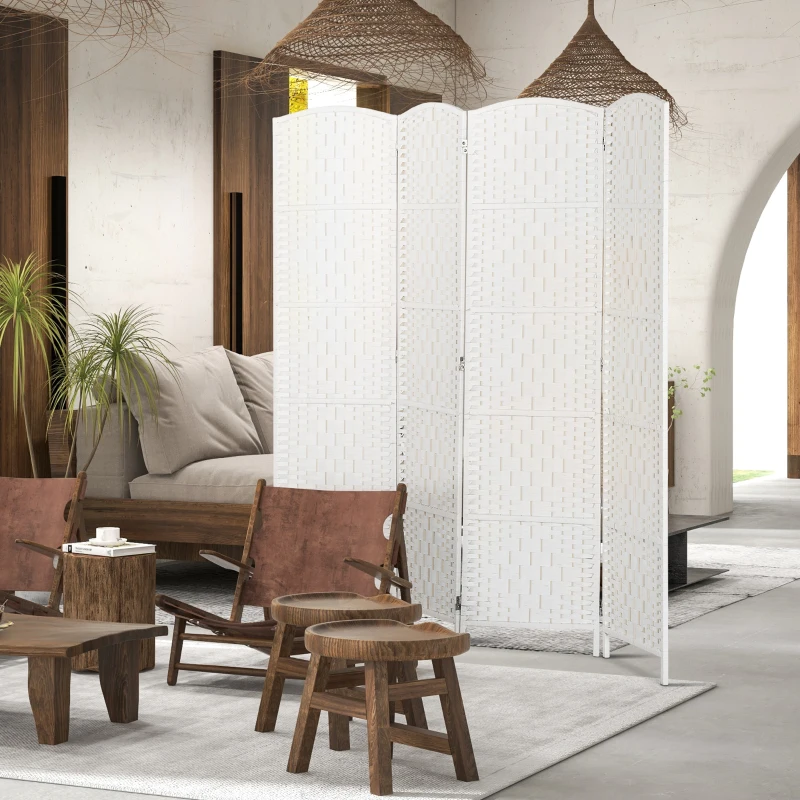 HOMCOM Room Divider, 4 Panel Folding Privacy Screen, 6FT Tall Portable Weave Partition Wall Divider for Bedroom, White